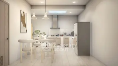 Modern kitchen with skylight and dining area, featuring sleek appliances and minimalist design.