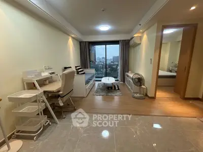 Spacious modern living room with city view and stylish decor