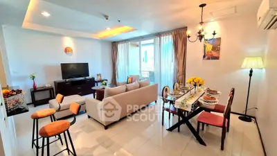 Spacious living room with modern decor and dining area, featuring large windows and stylish lighting.