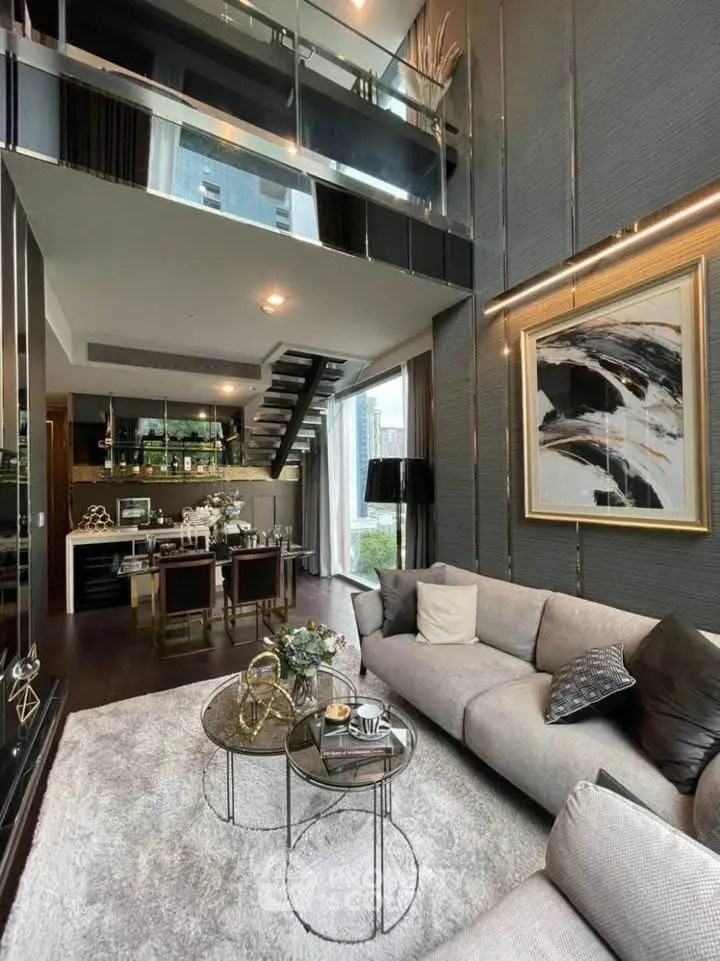 Luxurious modern living room with high ceilings and elegant decor