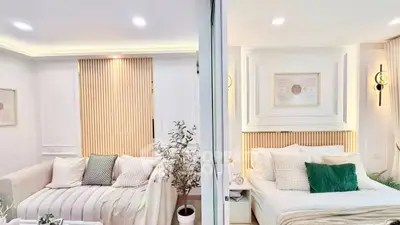 Modern living room and bedroom with stylish decor and cozy ambiance