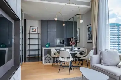 Modern living room with dining area, sleek furniture, and large windows offering city views.