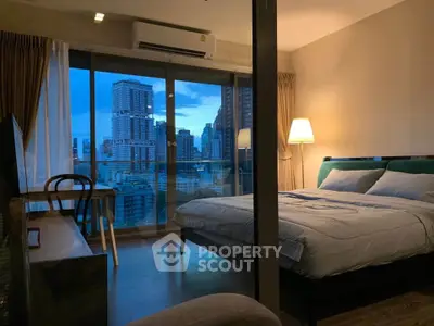 Modern bedroom with city view and cozy lighting in high-rise apartment