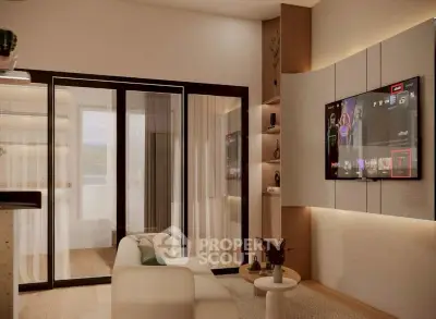 Modern living room with large TV and sliding glass doors to balcony
