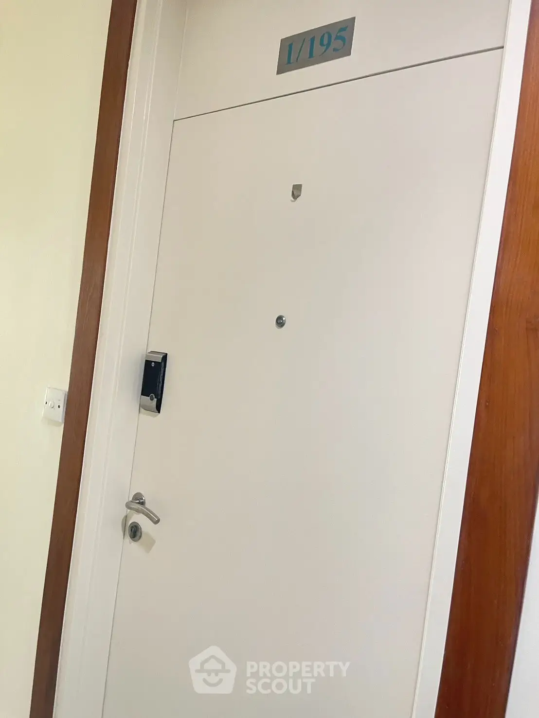 Modern apartment entrance door with sleek design and secure lock system.