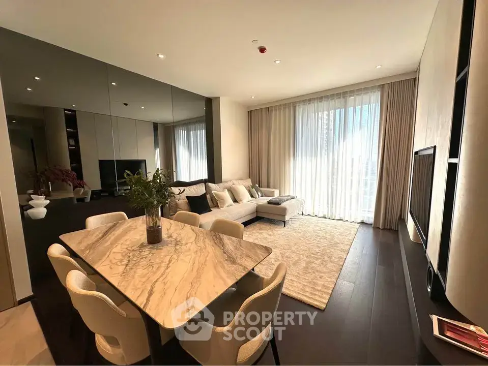 Luxurious modern living room with elegant dining area and large windows for natural light.