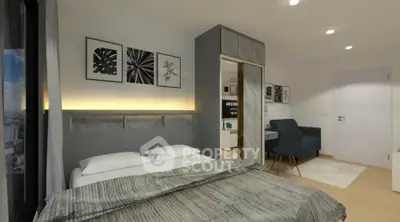 Modern bedroom with stylish decor and cozy ambiance, featuring elegant furniture and contemporary artwork.