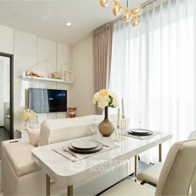 Luxurious modern living room with elegant dining area and natural light