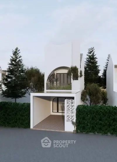 Modern minimalist white house with lush greenery and unique architectural design.