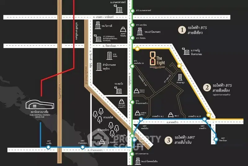 Stylish map showcasing The Eight's prime location near BTS and MRT stations in Bangkok.