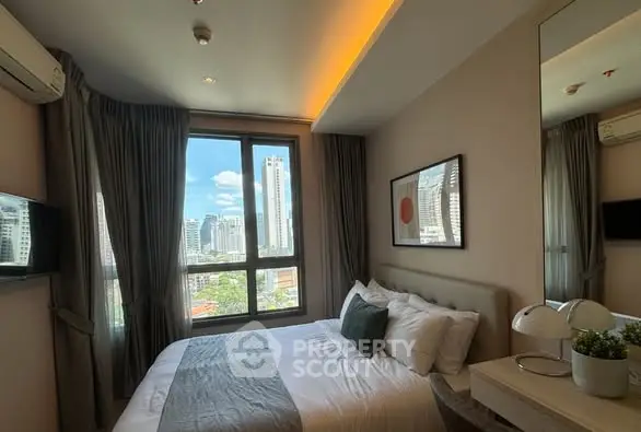 Modern bedroom with city view, stylish decor, and natural light.