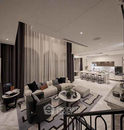 Luxurious open-plan living room with modern kitchen, elegant decor, and high ceilings.