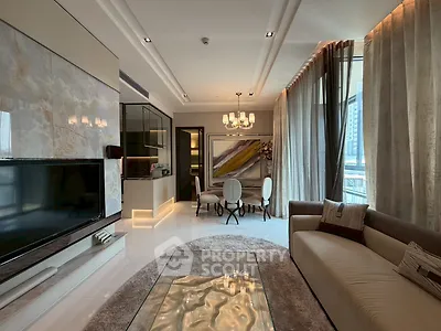 Luxurious modern living room with elegant decor and large windows offering city views.