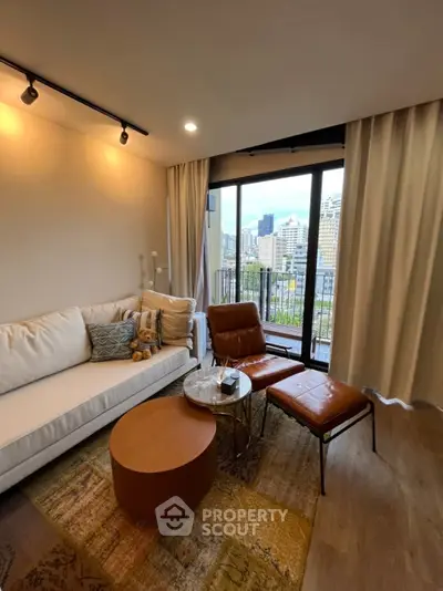 Modern living room with city view and stylish furniture