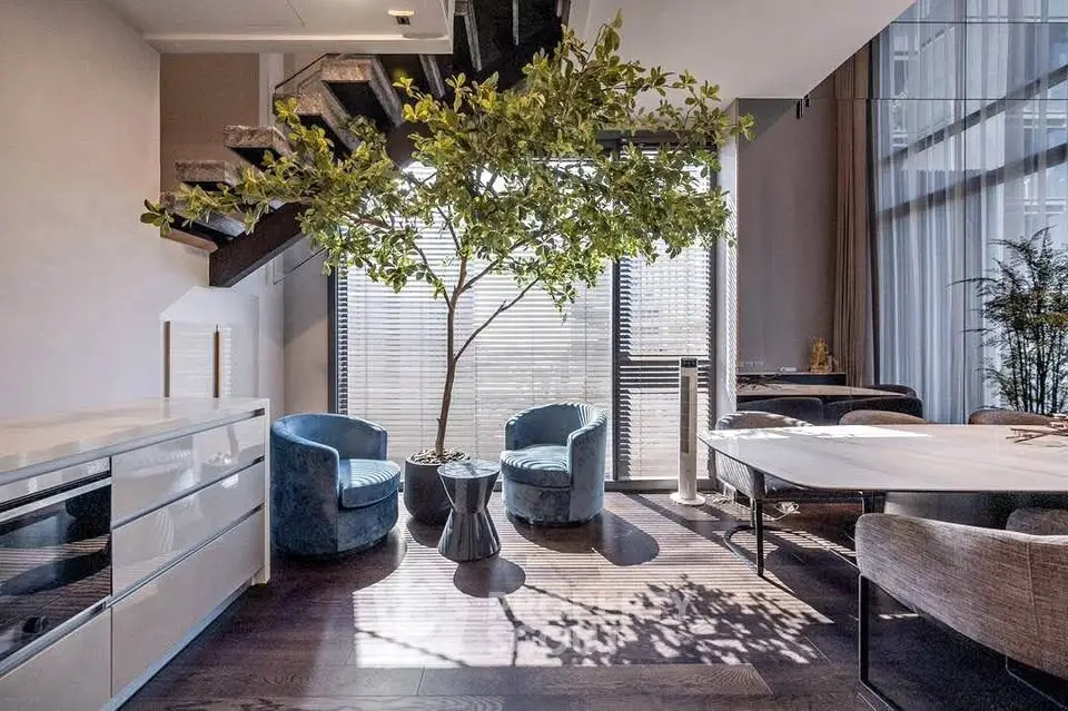 Modern living room with stylish furniture and indoor tree, featuring natural light and elegant decor.
