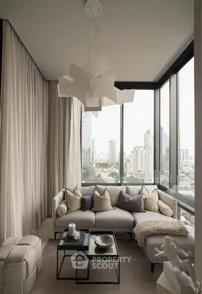 Luxurious corner living room with panoramic city views and modern decor