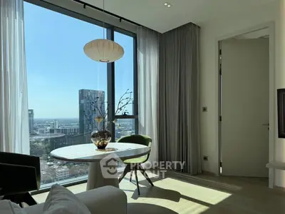 Modern living room with panoramic city view and elegant decor