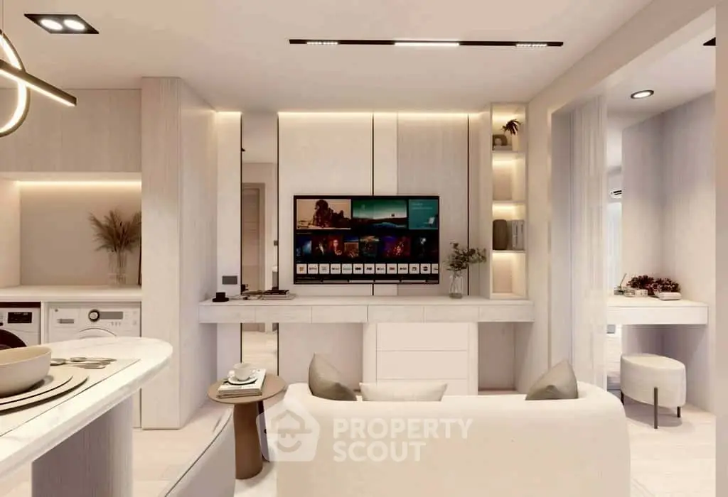 Modern living room with sleek design, integrated appliances, and ambient lighting for a luxurious lifestyle.