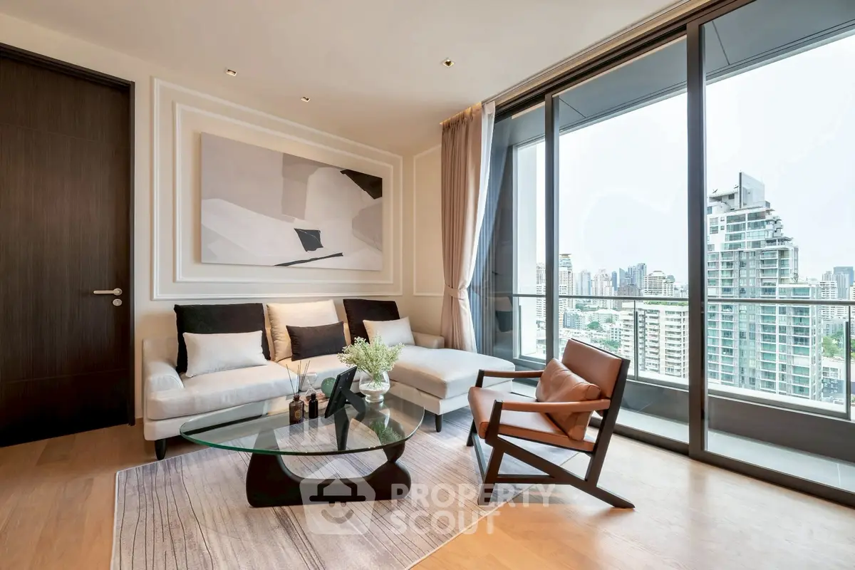 Luxurious living room with modern decor and stunning city view from balcony.
