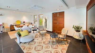 Spacious modern living room with stylish furniture and elegant decor