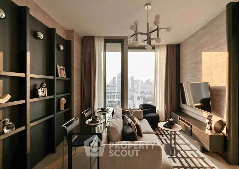 Luxurious modern living room with city view, elegant decor, and stylish furniture in high-rise apartment.