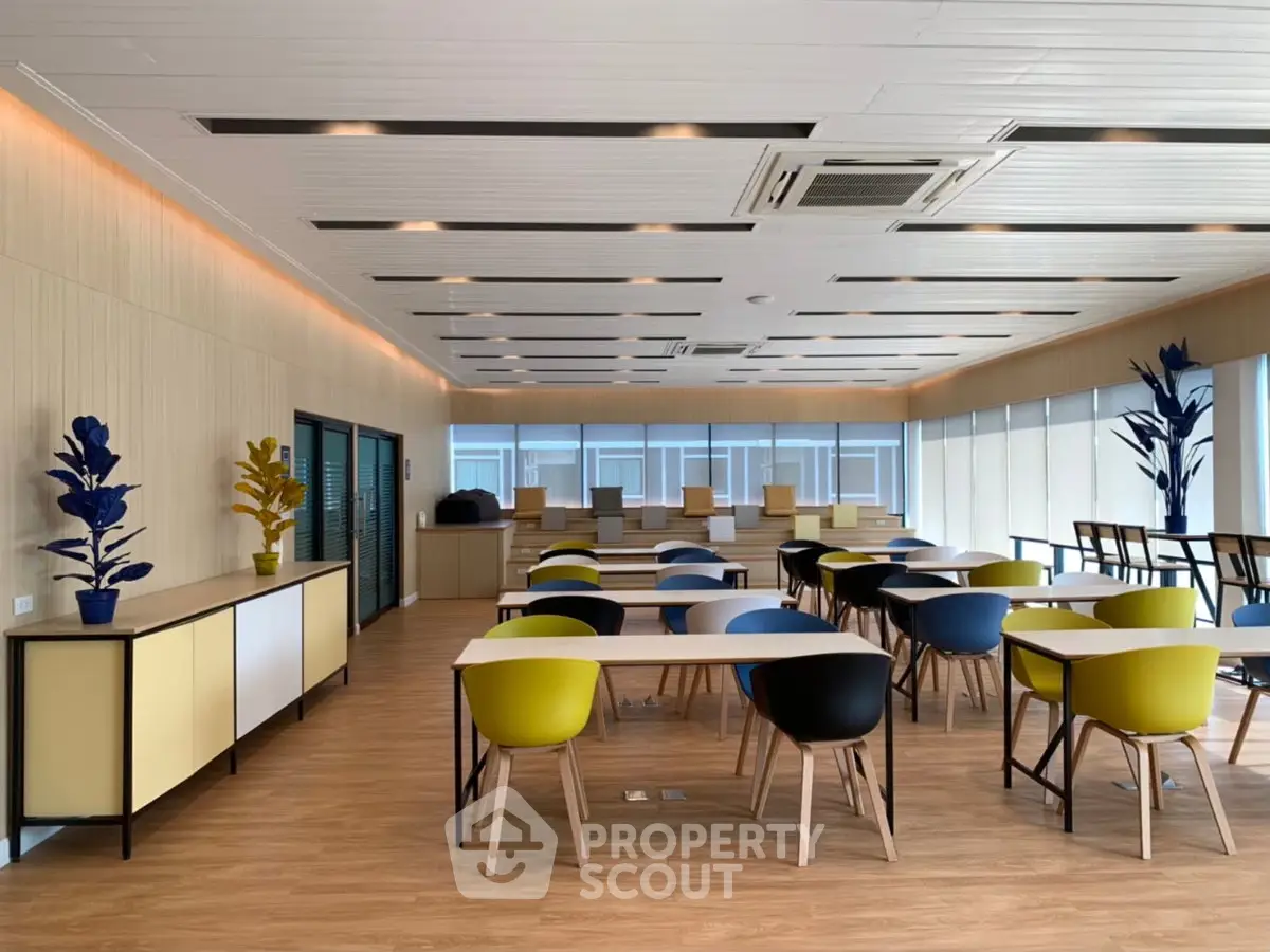 Modern co-working space with stylish furniture and ample natural light, perfect for productivity and collaboration.