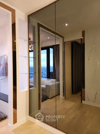 Luxurious modern living room with panoramic city view and elegant decor