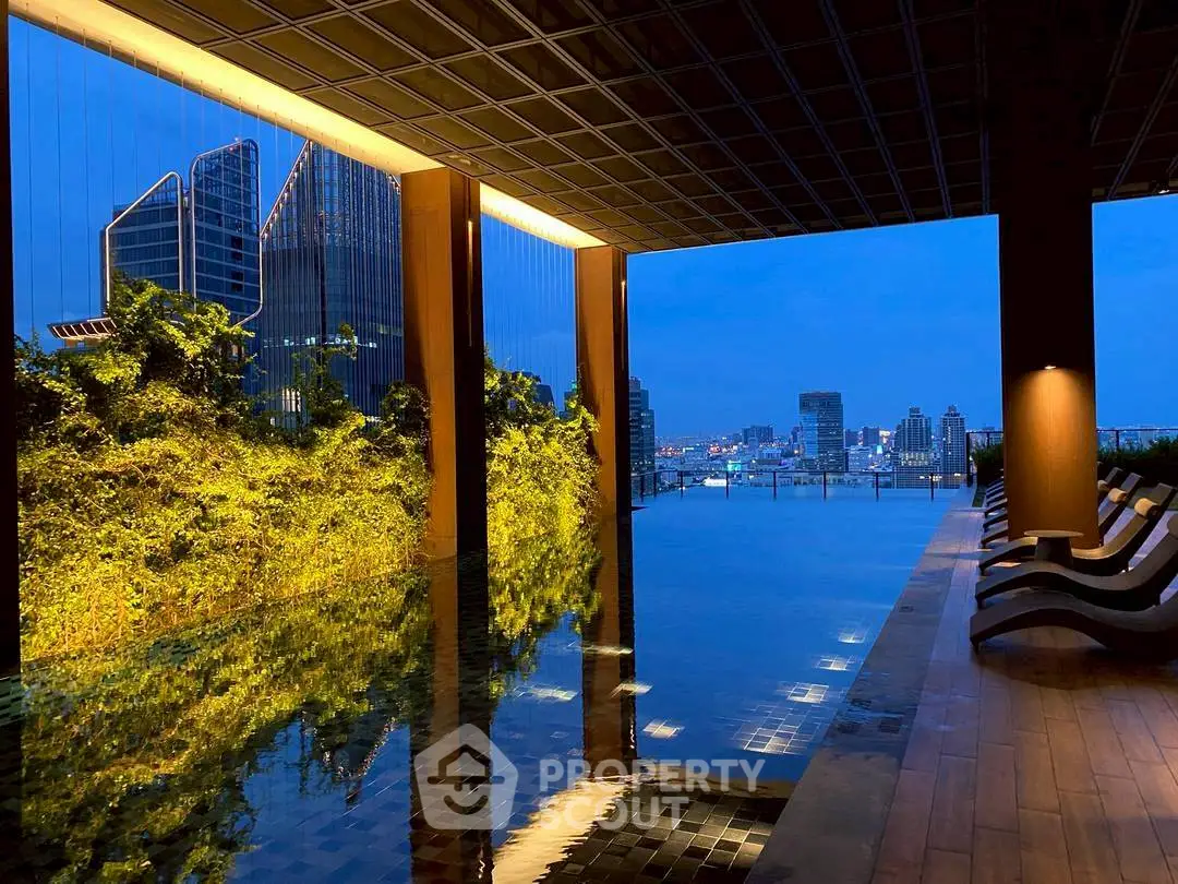 Luxurious rooftop infinity pool with stunning city skyline view at twilight.