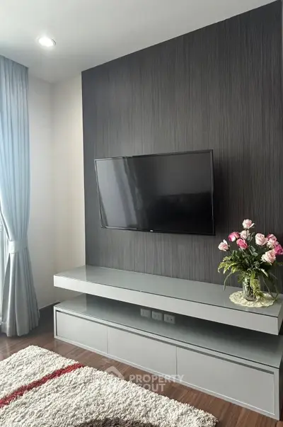 Modern living room with sleek TV setup and elegant decor