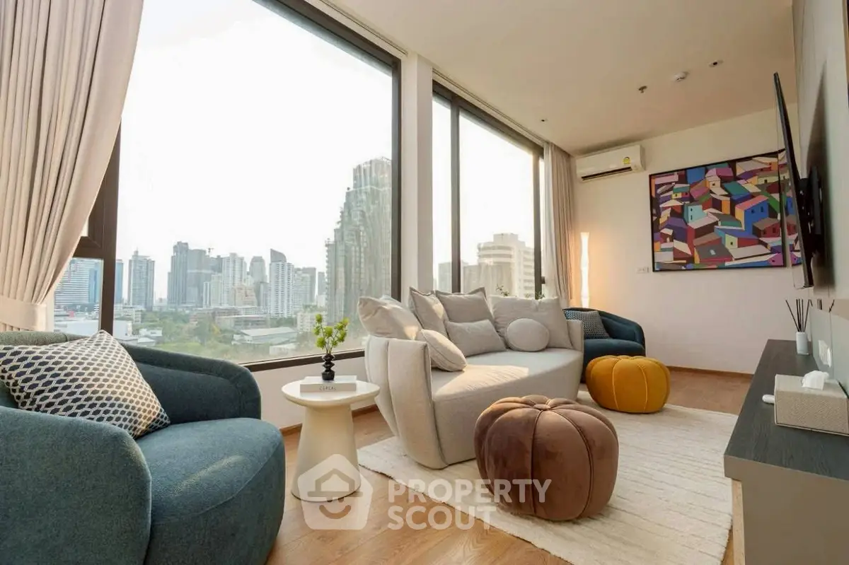 Luxurious living room with panoramic city view and modern decor