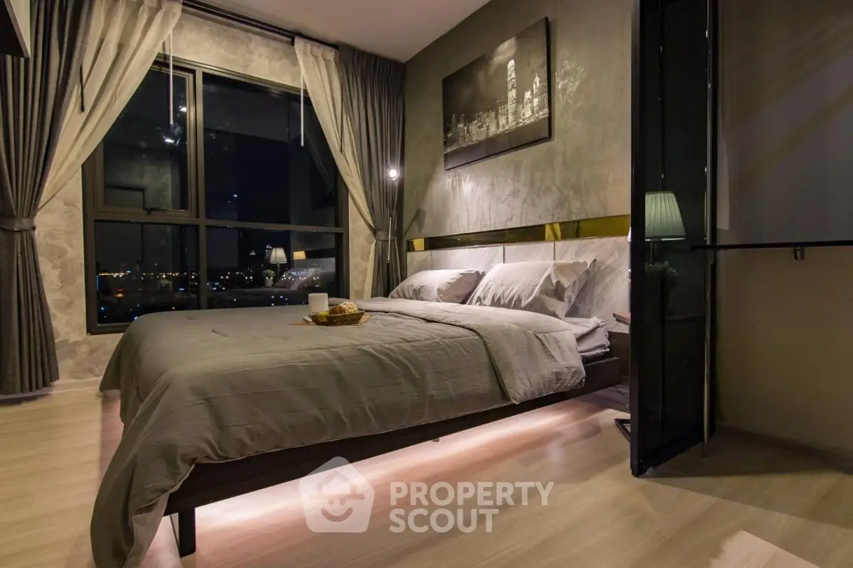Luxurious modern bedroom with city view and ambient lighting