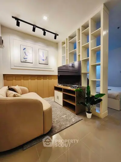 Modern living room with stylish decor and cozy seating area