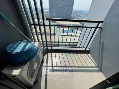 Modern high-rise balcony with city view and air conditioning unit