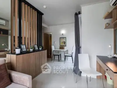 Modern living room with stylish partition and elegant decor