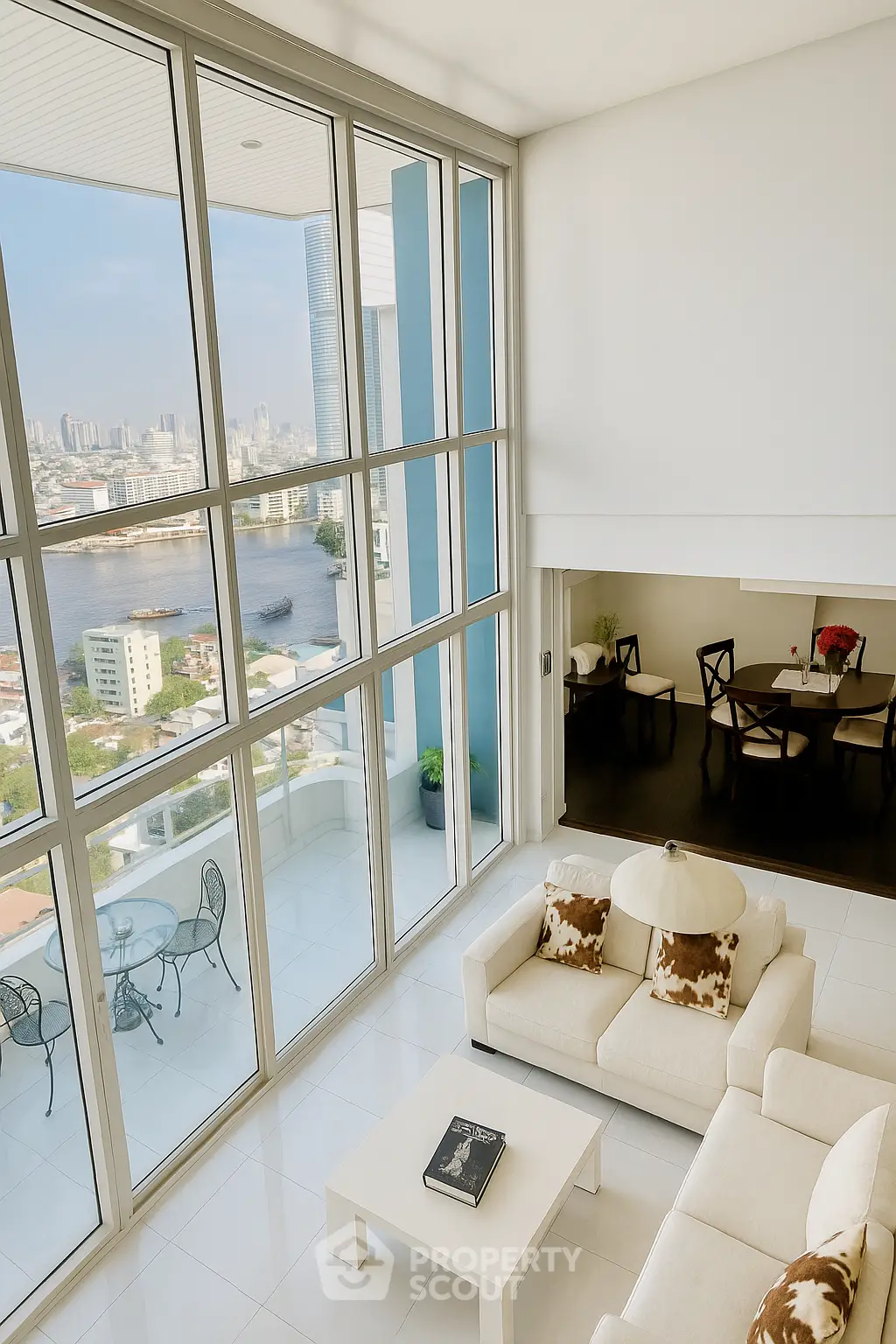 Luxurious high-rise living room with stunning city and river views, featuring floor-to-ceiling windows and elegant decor.