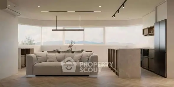 Spacious modern living room with panoramic windows and elegant decor