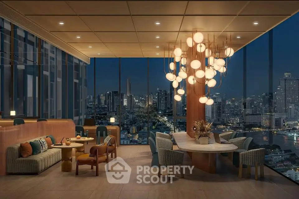 Luxurious high-rise living room with stunning city skyline view and elegant modern decor.