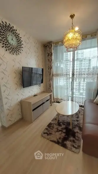 Stylish living room with modern decor and city view balcony