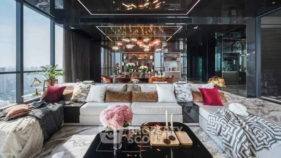 Luxurious modern living room with panoramic city views and elegant decor