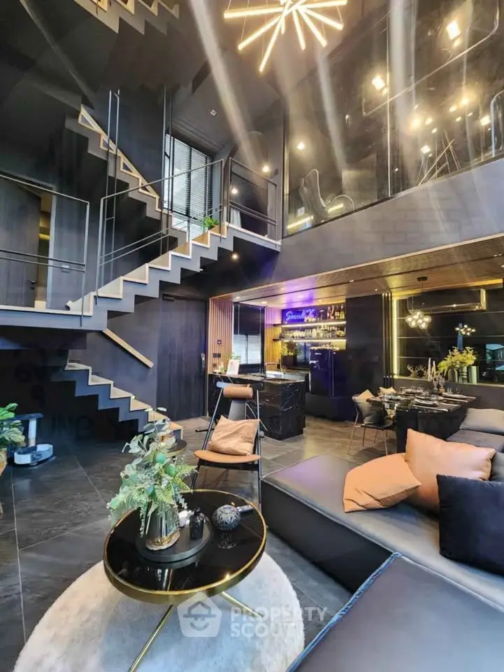 Luxurious modern living room with high ceilings and stylish decor