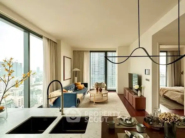 Luxurious open-plan living room with city view and modern kitchen