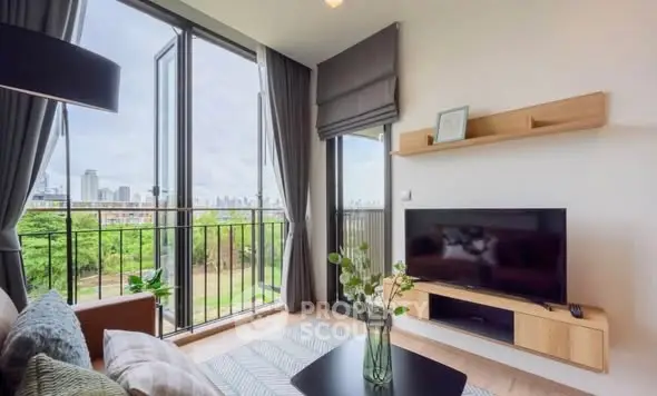 Modern living room with city view and stylish decor