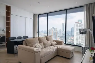 Modern living room with stunning city view and cozy beige sofa