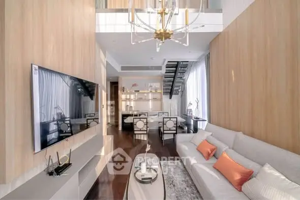 Luxurious modern living room with high ceilings and elegant decor