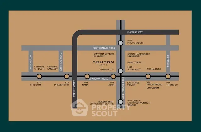 Map showing location of Ashton property near major Bangkok landmarks and transit routes.