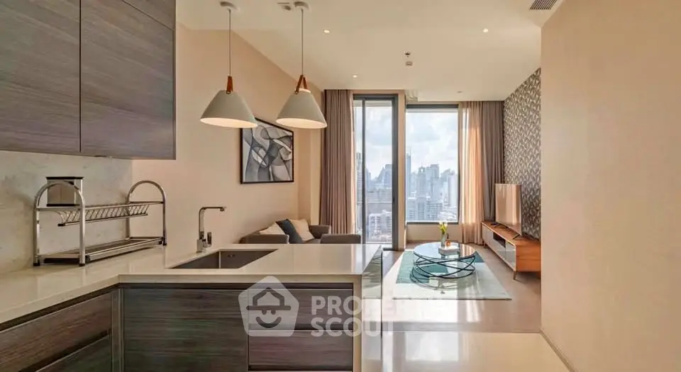 Modern open-layout living room with city view, stylish decor, and ample natural light.