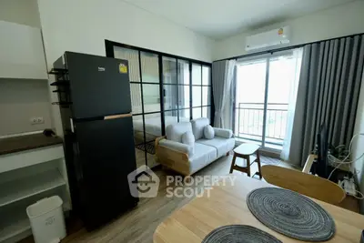 Modern apartment living room with balcony and stylish furniture