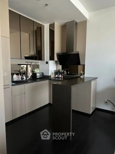 Modern kitchen with sleek cabinetry and dark countertops, featuring a stylish open layout and contemporary appliances.