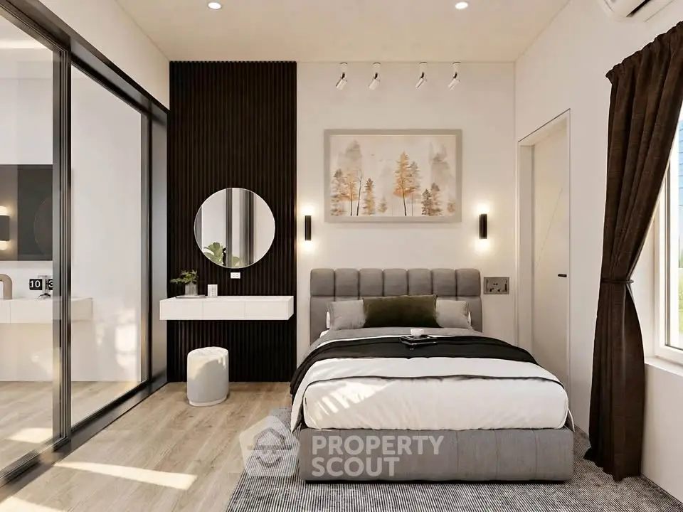 Modern bedroom with stylish decor, large window, and elegant furnishings in a contemporary home.