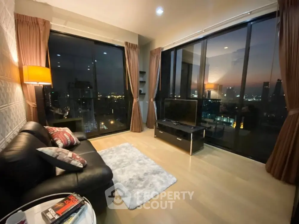 Luxurious living room with panoramic city views and modern decor